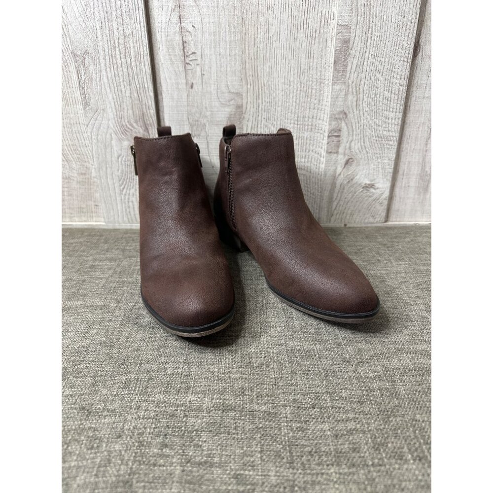 Bamboo Saber Brown Faux Leather Ankle Boots with Side Zippers & Low Block Heel
